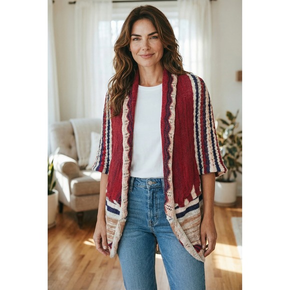 Umgee Sweaters - Umgee USA Women's Striped Pointelle Knit Open Front Cardigan Boho Red Multi M/L